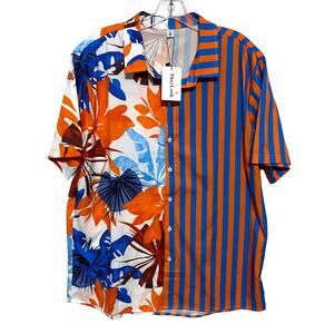 Hawaiian Orange Blue Button Shirt Mens L Patchwork Aloha Beach Resort Vacation